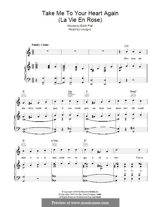 Take Me to Your Heart Again (La Vie en Rose): For voice and piano (or guitar) by R. S. Louiguy