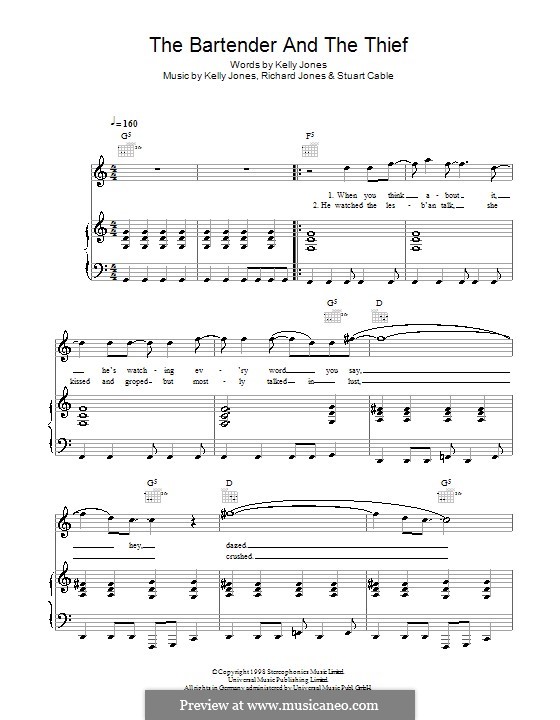 The Bartender and the Thief (Stereophonics): For voice and piano (or guitar) by Kelly Jones, Richard Jones, Stuart Cable