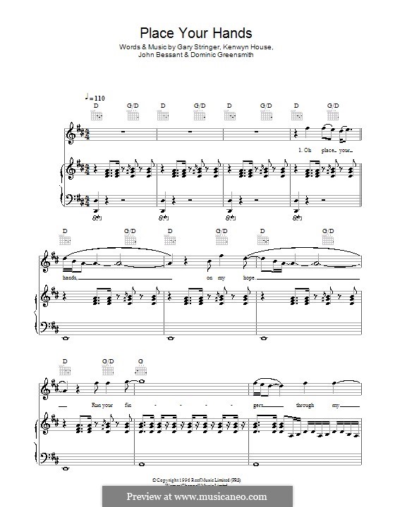 Place Your Hands (Reef): For voice and piano (or guitar) by Dominic Greensmith, Gary Stringer, John Bessant, Kenwyn House