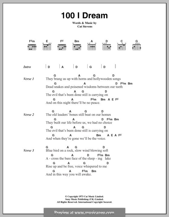 100 I Dream: Lyrics and chords by Cat Stevens