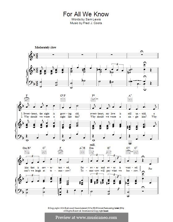 For All We Know: For voice and piano (or guitar) by J. Fred Coots