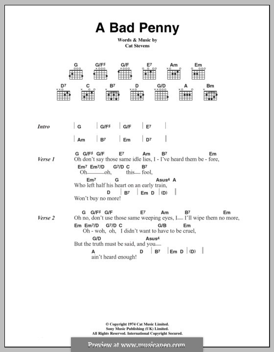 A Bad Penny: Lyrics and chords by Cat Stevens