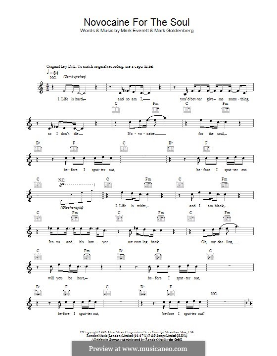 Novocaine for the Soul (Eels): Melody line, lyrics and chords by Mark Everett, Mark Goldenberg