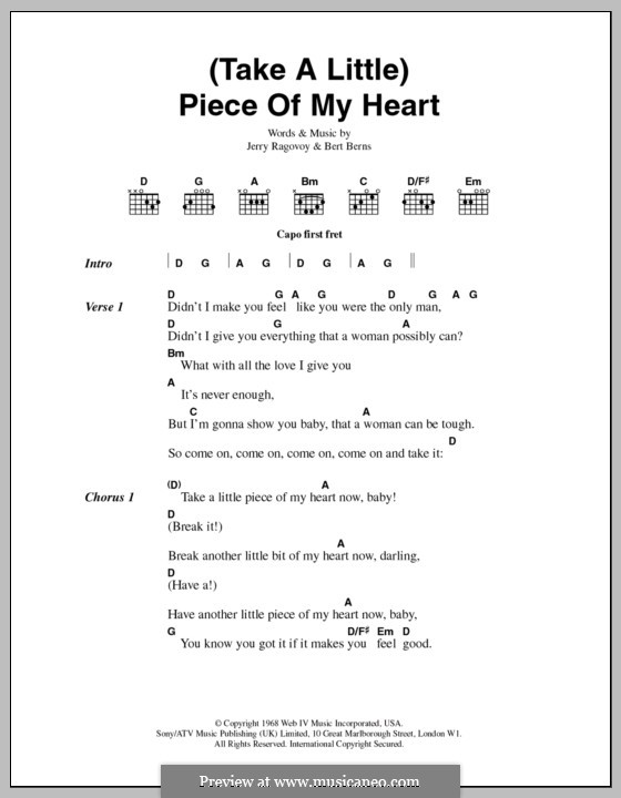(Take a Little) Piece of My Heart: Lyrics and chords (Erma Franklin) by Bert Berns, Jerry Ragovoy