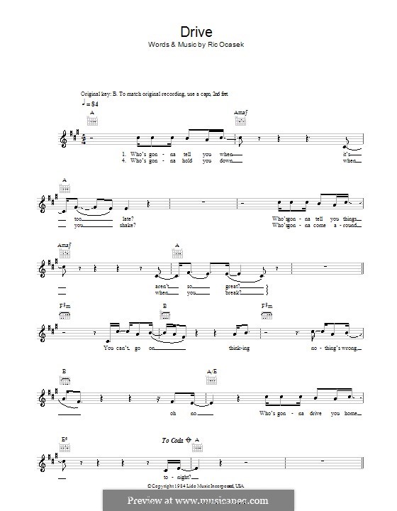 Drive Sheet Music | The Cars | Guitar Chords/Lyrics