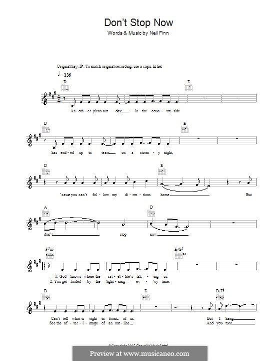 Don't Stop Now (Crowded House): Melody line, lyrics and chords by Neil Finn