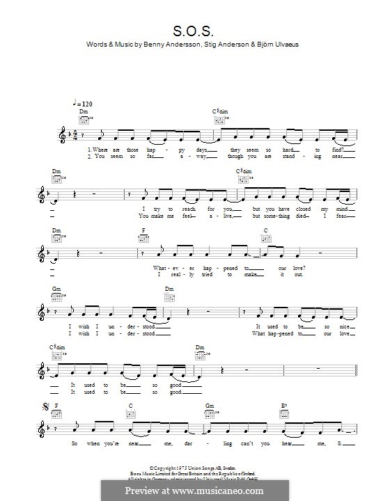 S.O.S. (ABBA): Melody line, lyrics and chords by Benny Andersson, Björn Ulvaeus, Stig Anderson