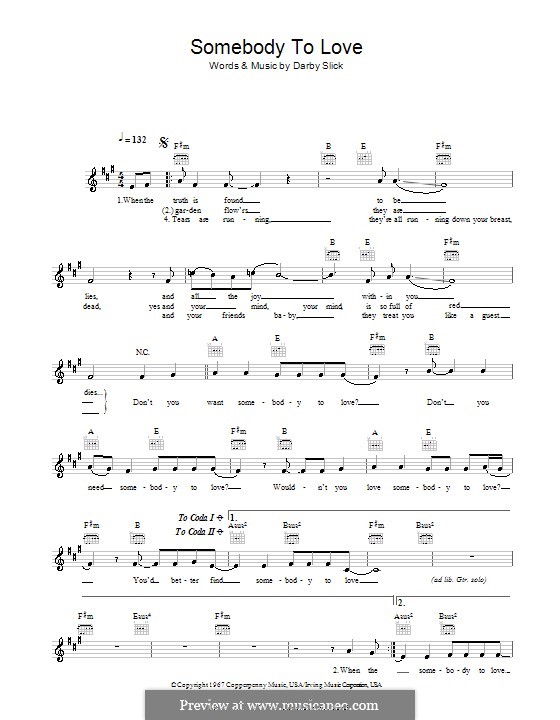 Somebody to Love (Jefferson Airplane): Melody line, lyrics and chords by Darby Slick