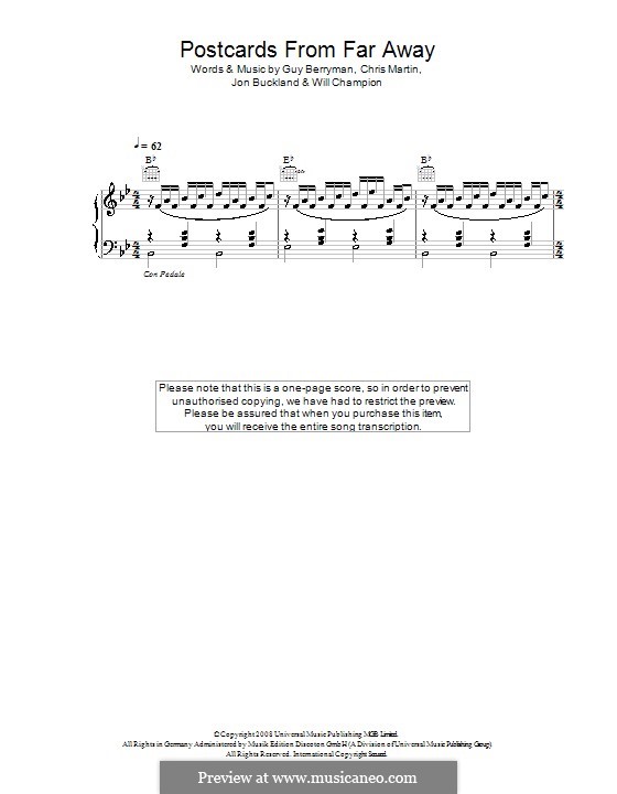 Postcards from Far Away (Coldplay): For voice and piano (or guitar) by Chris Martin, Guy Berryman, Jonny Buckland, Will Champion