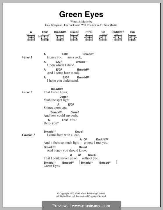 Green Eyes (Coldplay): Lyrics and chords by Chris Martin, Guy Berryman, Jonny Buckland, Will Champion