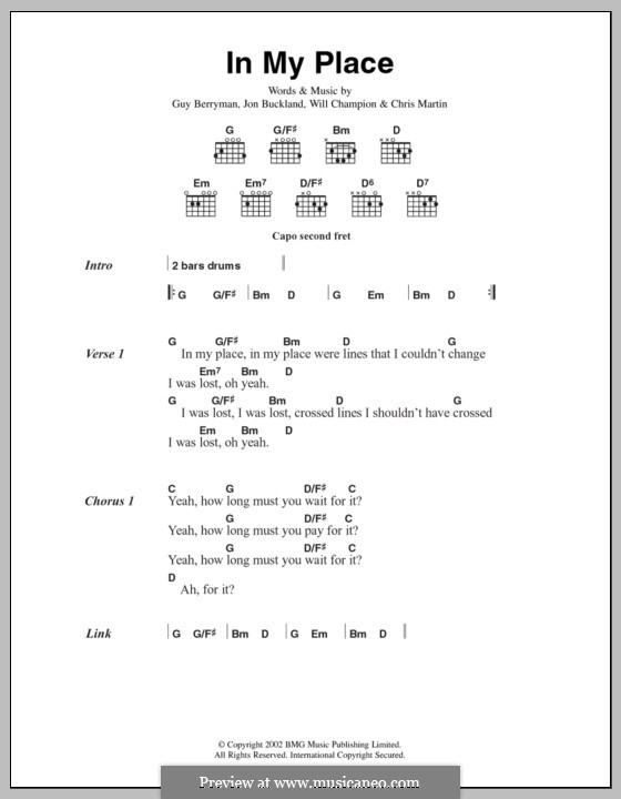 In My Place (Coldplay): Lyrics and chords by Chris Martin, Guy Berryman, Jonny Buckland, Will Champion