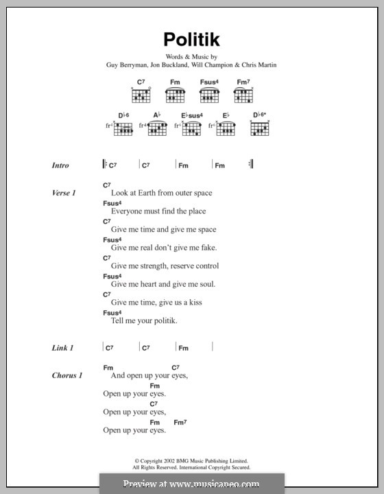 Politik (Coldplay): Lyrics and chords by Chris Martin, Guy Berryman, Jonny Buckland, Will Champion