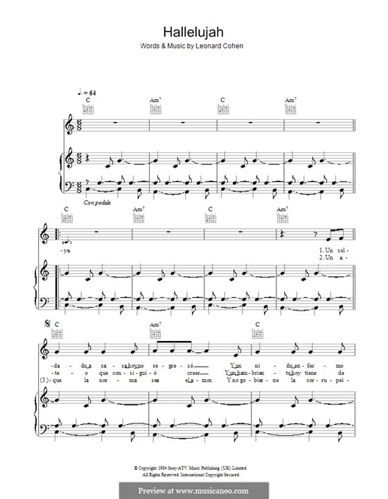 Vocal version: For voice and piano (or guitar) by Leonard Cohen