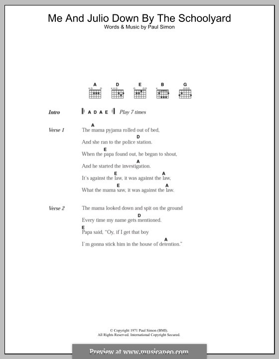 Me and Julio Down By the Schoolyard (Simon & Garfunkel): Lyrics and chords by Paul Simon