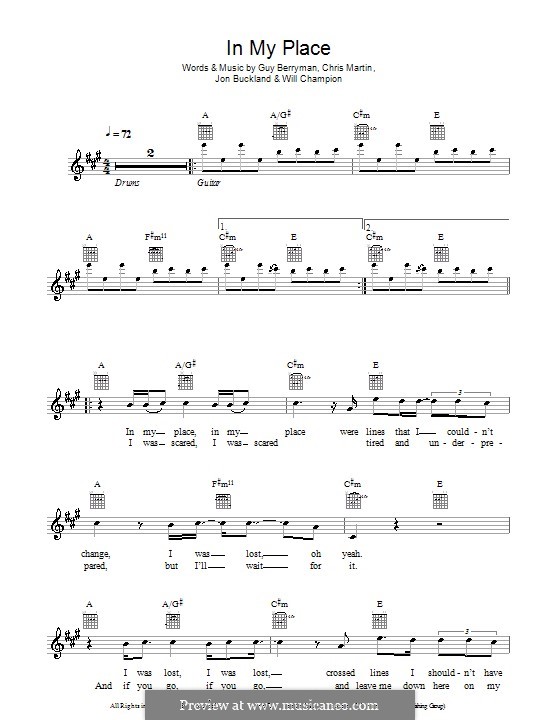 In My Place (Coldplay): Melody line, lyrics and chords by Chris Martin, Guy Berryman, Jonny Buckland, Will Champion