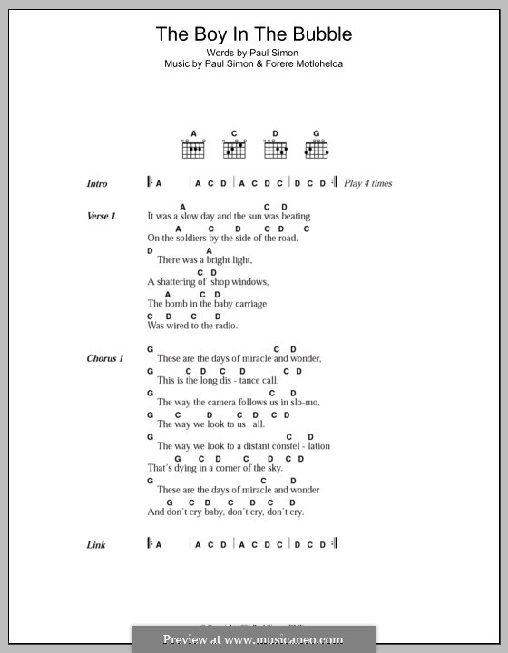 The Boy in the Bubble: Lyrics and chords by Forere Motloheloa, Paul Simon