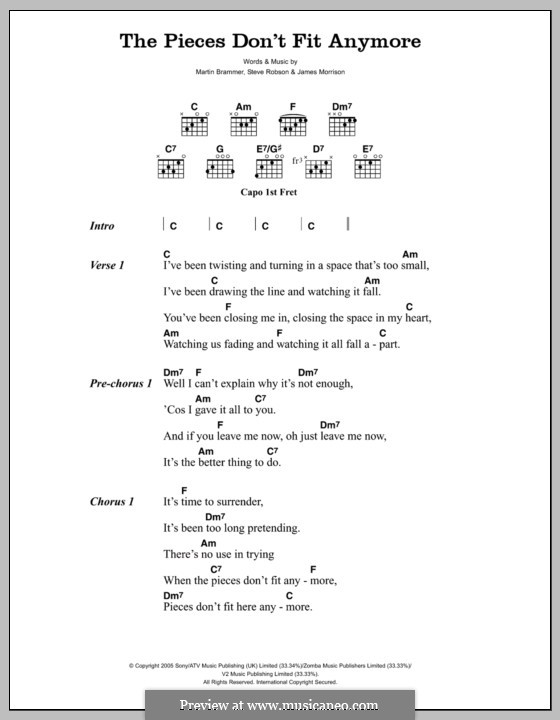 The Pieces Don't Fit Any More (James Morrison): Lyrics and chords by Martin Brammer, Steve Robson