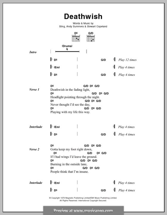 Deathwish (The Police): Lyrics and chords by Sting, Andy Summers, Stewart Copeland