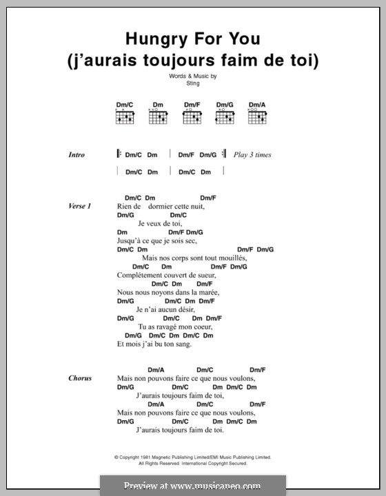 Hungry For You (J'aurais Toujours Faim De Toi): Lyrics and chords (The Police) by Sting