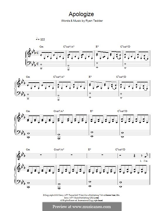 Apologize (OneRepublic): For voice and piano or guitar by Ryan B Tedder