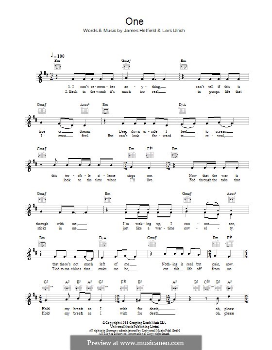 One (Metallica): Melody line, lyrics and chords by James Hetfield, Lars Ulrich