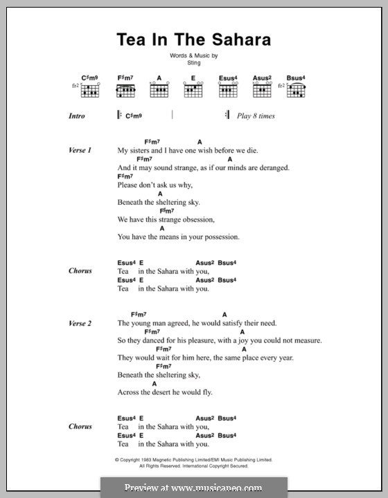 Tea in the Sahara (The Police) by Sting sheet music on MusicaNeo