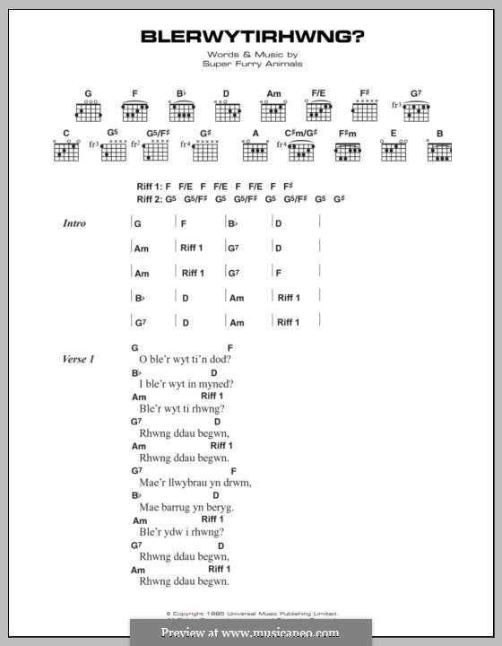 Blerwytirhwng (Super Furry Animals): Lyrics and chords by Cian Ciaran, Dafydd Ieuan, Gruff Rhys, Guto Pryce, Huw Bunford