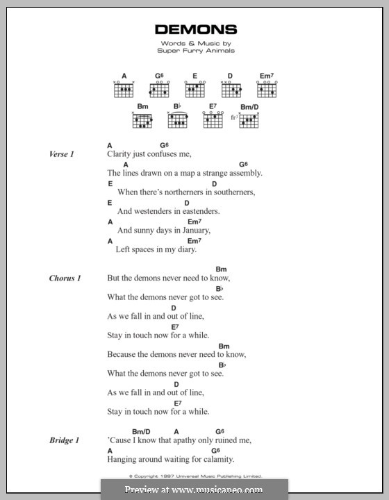 Demons (Super Furry Animals): Lyrics and chords by Cian Ciaran, Dafydd Ieuan, Gruff Rhys, Guto Pryce, Huw Bunford