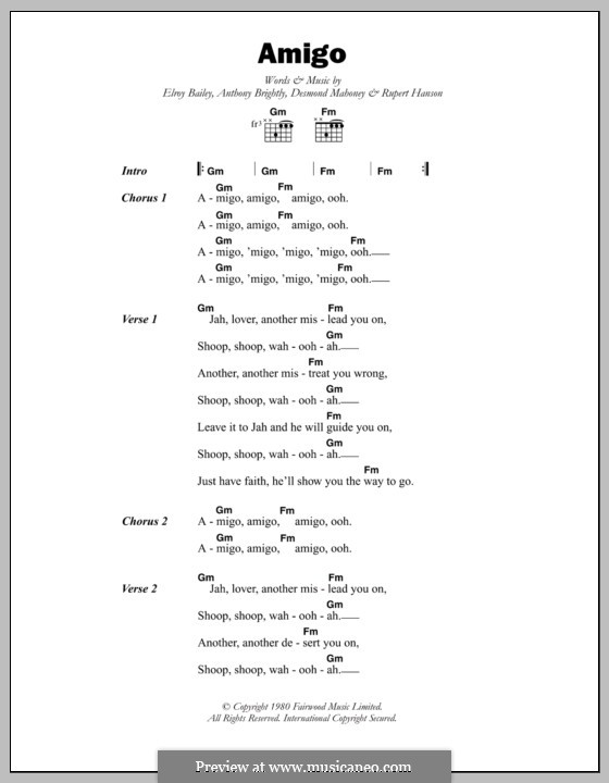 Amigo (Black Slate): Lyrics and chords by Anthony Brightly, Desmond Mahoney, Elroy Bailey, Rupert Hanson