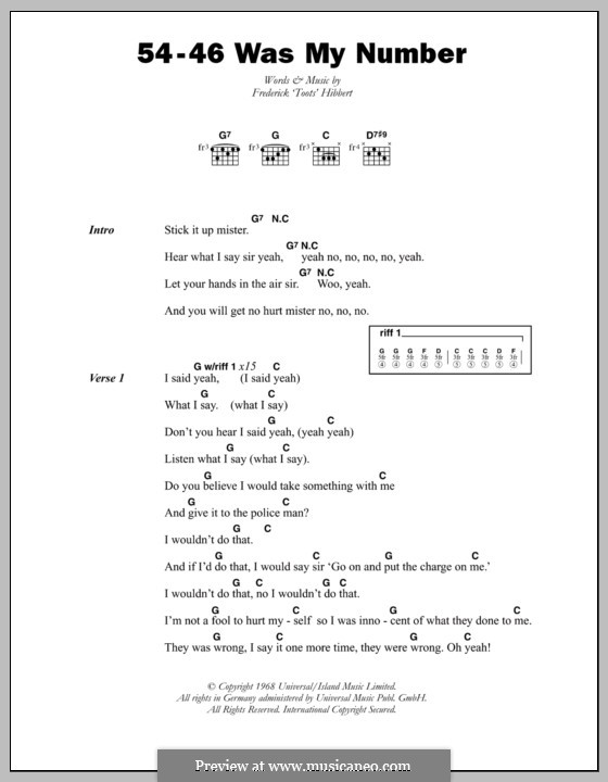 54-46 Was My Number (Toots and The Maytals): Lyrics and chords by Toots Hibbert