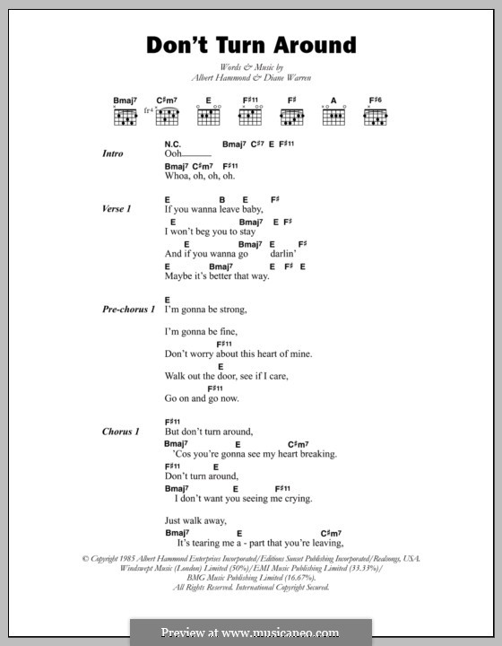 Don't Turn Around (Ace of Base): Lyrics and chords by Albert Hammond, Diane Warren