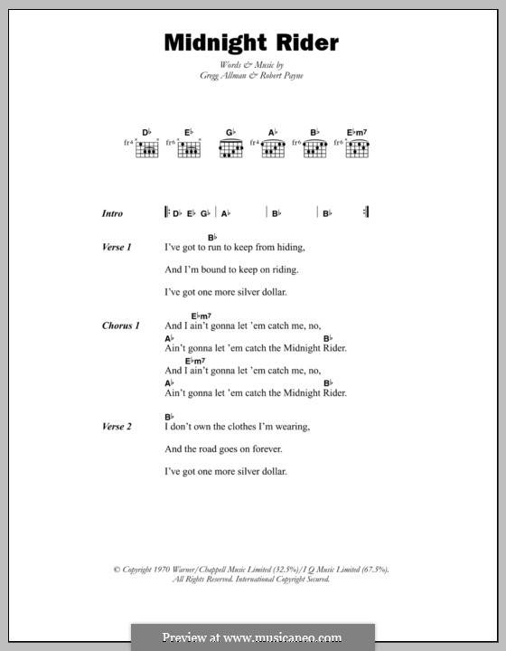 Midnight Rider (The Allman Brothers Band): Lyrics and chords by Gregg Allman, Robert Kim Payne