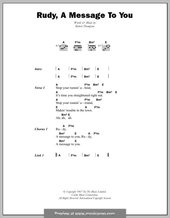Rudy, a Message to You (A Message To You Rudy): Lyrics and chords (Dandy Livingstone) by Rob Swire