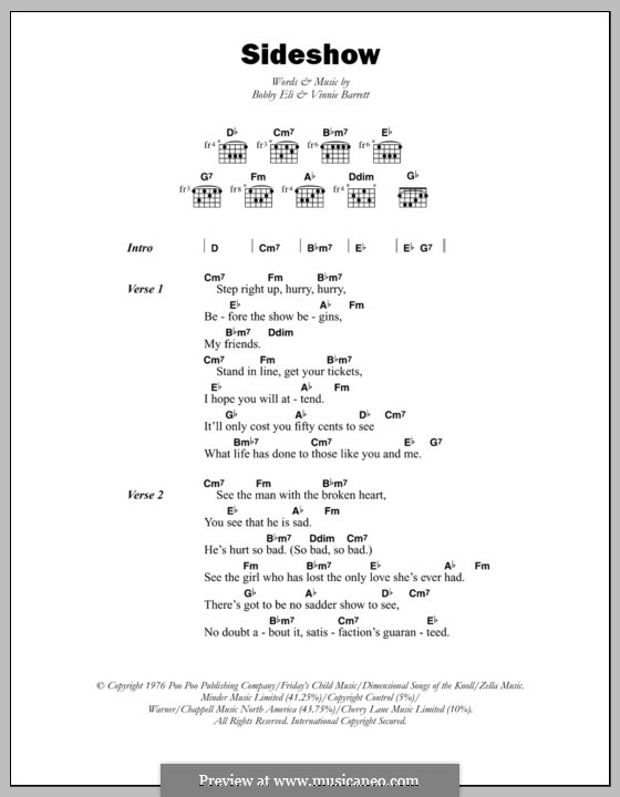 Sideshow (Barry Biggs): Lyrics and chords by Bobby Eli, Vinnie Barrett