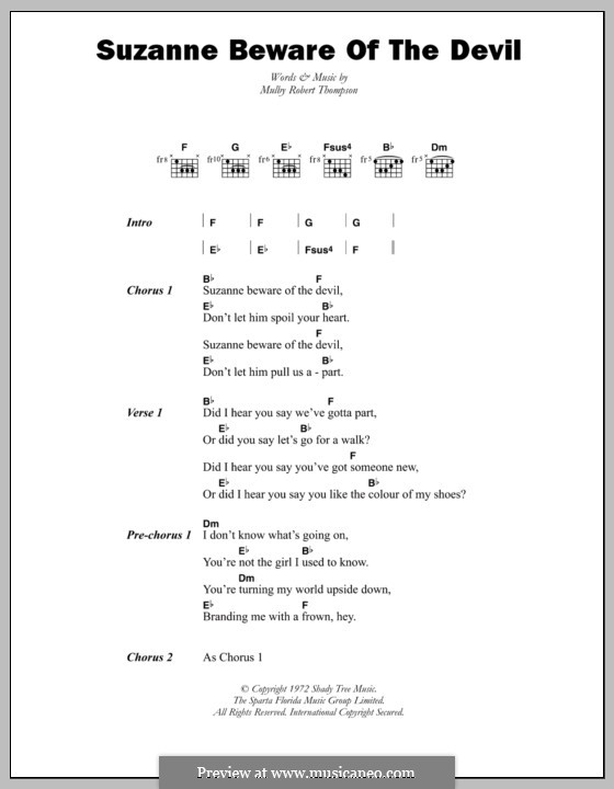 Suzanne Beware of the Devil: Lyrics and chords by Mulby Robert Thompson