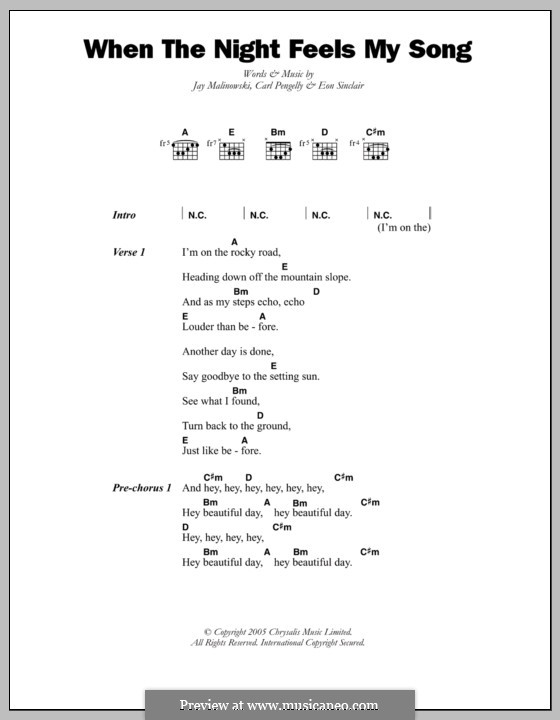 When the Night Feels My Song (Bedouin Soundclash): Lyrics and chords by Carl Pengelly, Eon Sinclair, Jay Malinowski
