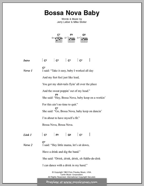 Bossa Nova Baby (Elvis Presley): Lyrics and chords by Jerry Leiber, Mike Stoller