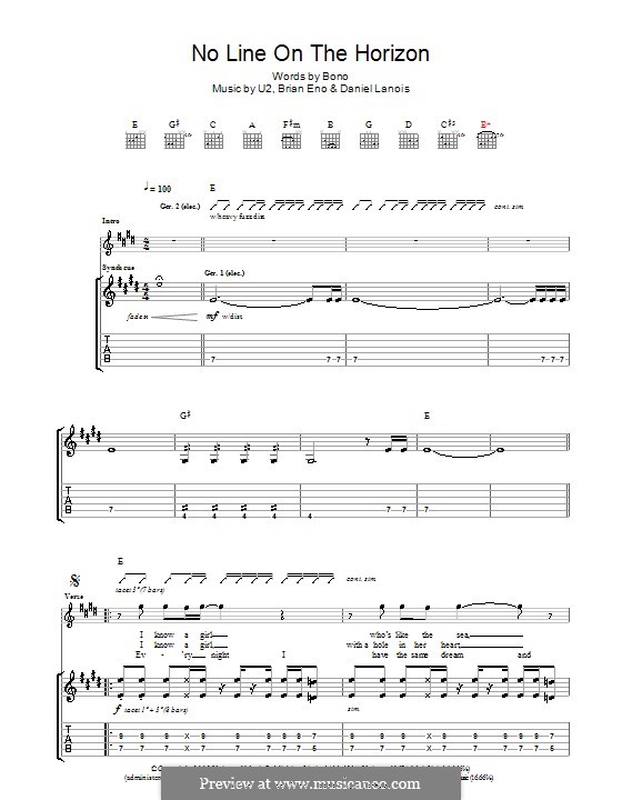 No Line on the Horizon (U2): For guitar with tab by Brian Eno, Daniel Lanois