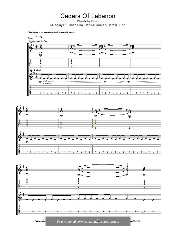 Cedars of Lebanon (U2): For guitar with tab by Brian Eno, Daniel Lanois, Harold Budd