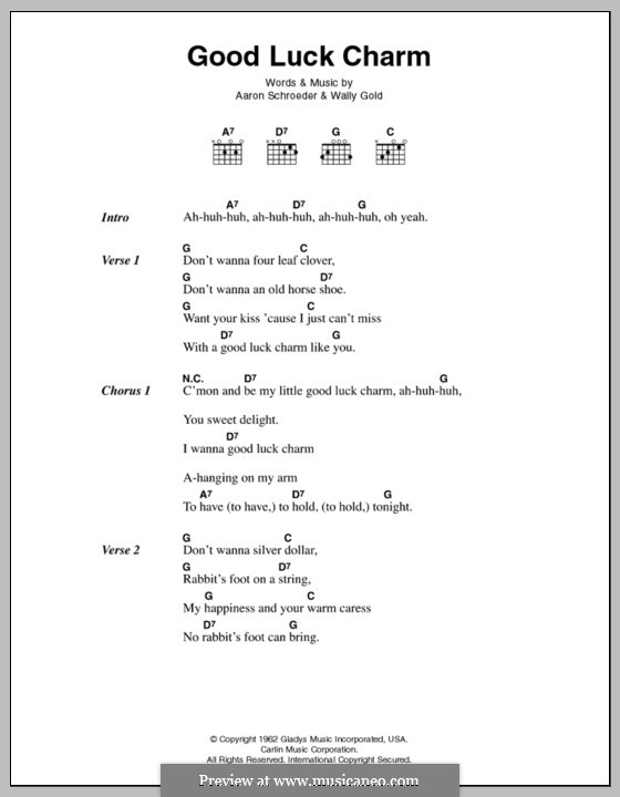 Good Luck Charm (Elvis Presley): Lyrics and chords by Aaron Schroeder, Wally Gold