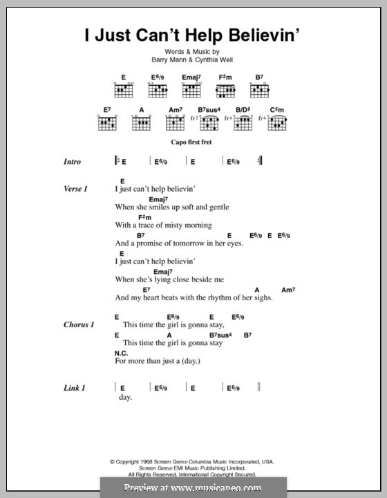 I Just Can't Help Believin' (Elvis Presley): Lyrics and chords by Barry Mann, Cynthia Weil