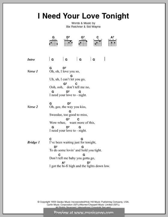 I Need Your Love Tonight (Elvis Presley): Lyrics and chords by Bix Reichner, Sid Wayne