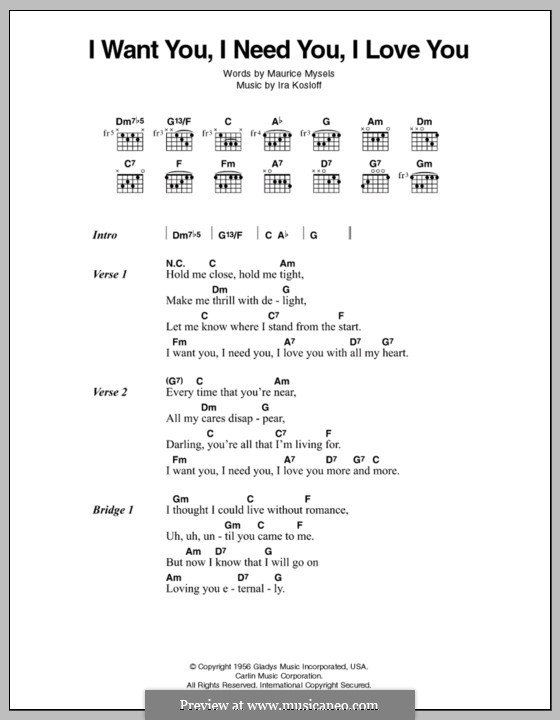 I Want You, I Need You, I Love You (Elvis Presley): Lyrics and chords by Ira Kosloff