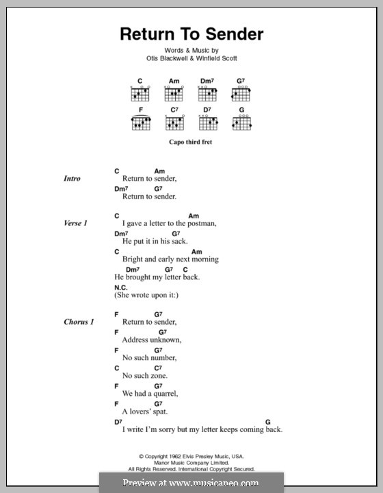 Return to Sender (Elvis Presley): Lyrics and chords by Otis Blackwell, Winfield Scott