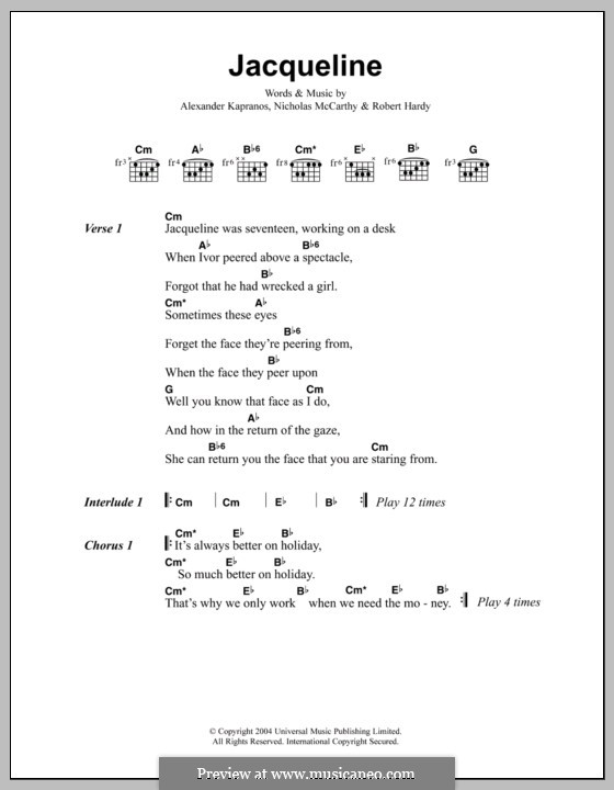 Jacqueline (Franz Ferdinand): Lyrics and chords by Alexander Kapranos, Nicholas McCarthy, Robert Hardy