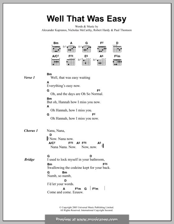 Well That Was Easy (Franz Ferdinand): Lyrics and chords by Alexander Kapranos, Nicholas McCarthy, Paul Thomson, Robert Hardy