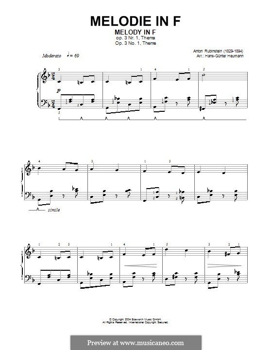 Two Melodies, Op.3: Melody No.1 in F Major (high quality sheet music) by Anton Rubinstein