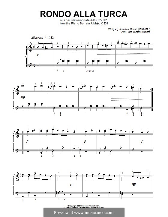 Rondo alla turca (Printable Scores): Easy version by Wolfgang Amadeus Mozart