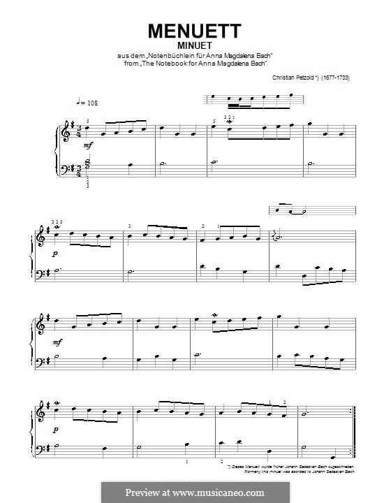 No.4 Minuet in G Major, for Piano, BWV Anh.114: For a single performer (by Christian Petzold) by Johann Sebastian Bach