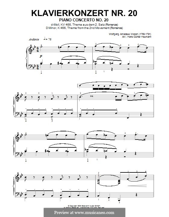 Concerto for Piano and Orchestra No.20 in D Minor, K.466: Movement II (Theme). Version for piano by Wolfgang Amadeus Mozart